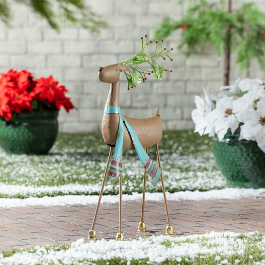 Plow & Hearth Holiday Poinsettia Garden Statue, Metal Statue, Green Scarf Deer, 24"H