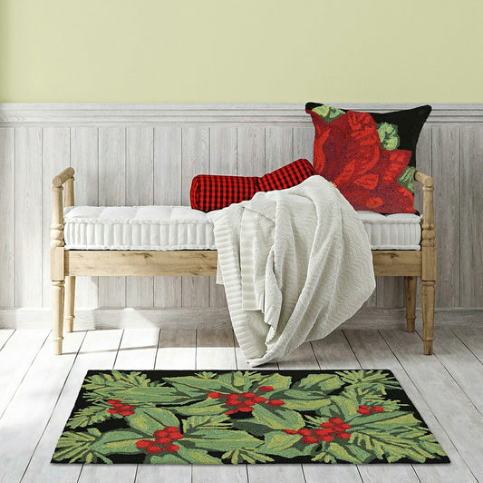 Plow & Hearth Indoor/Outdoor Hand-Hooked Holly Berry Accent Rug, 20" x 30"