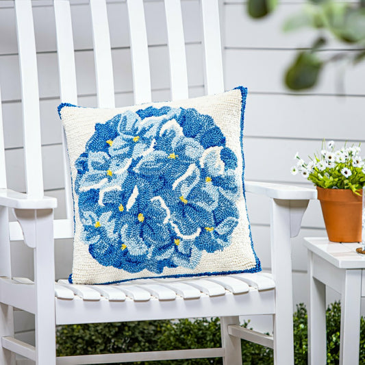 Plow & Hearth Blue Hydrangea Indoor/Outdoor Hooked Pillow 18"x18"