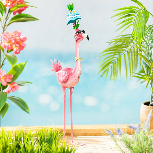 Plow & Hearth Palm Beach Garden Statue, Metal Tropical Umbrella Flamingo Statue, 26"H
