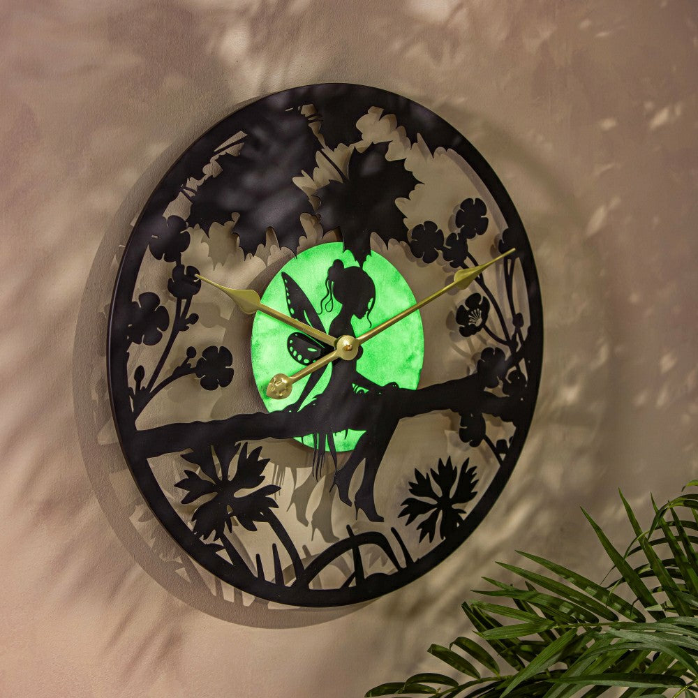 Plow & Hearth Garden of Wonder Outdoor Wall Decor, Metal, Glow-In-the-Dark Wall Cloc