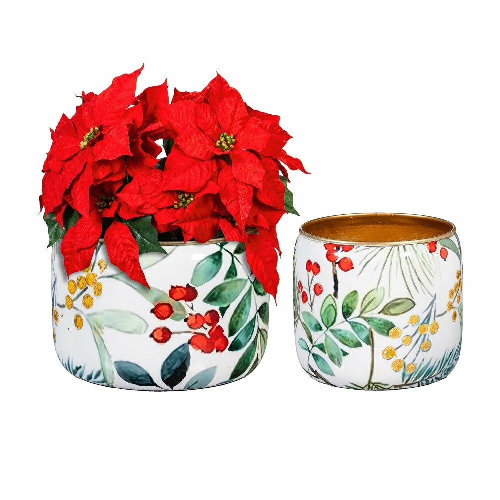 Plow & Hearth VivaStyle Planter, Metal Printed Planters, Festive Foliage, 8"H, Set o