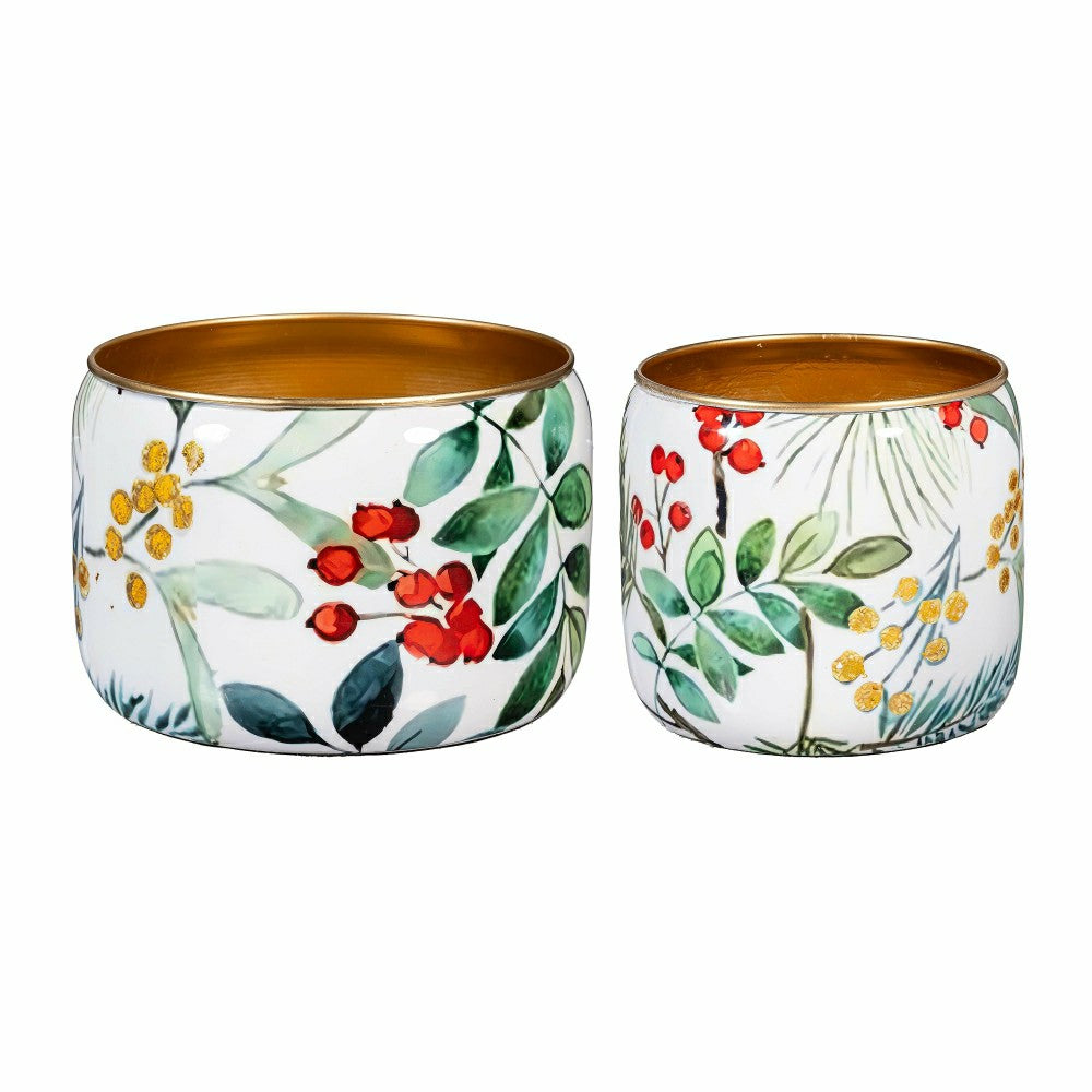 Plow & Hearth VivaStyle Planter, Metal Printed Planters, Festive Foliage, 8"H, Set o