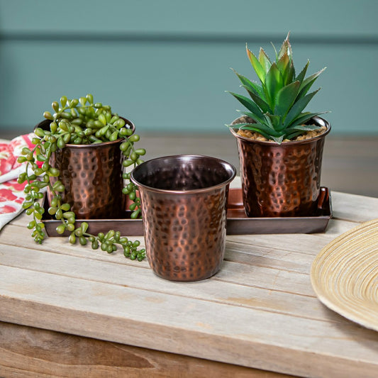 Plow & Hearth Petal and Plow Planter, Hammered Metal Planter on Oval Tray, Set of 3 with Metal Tray
