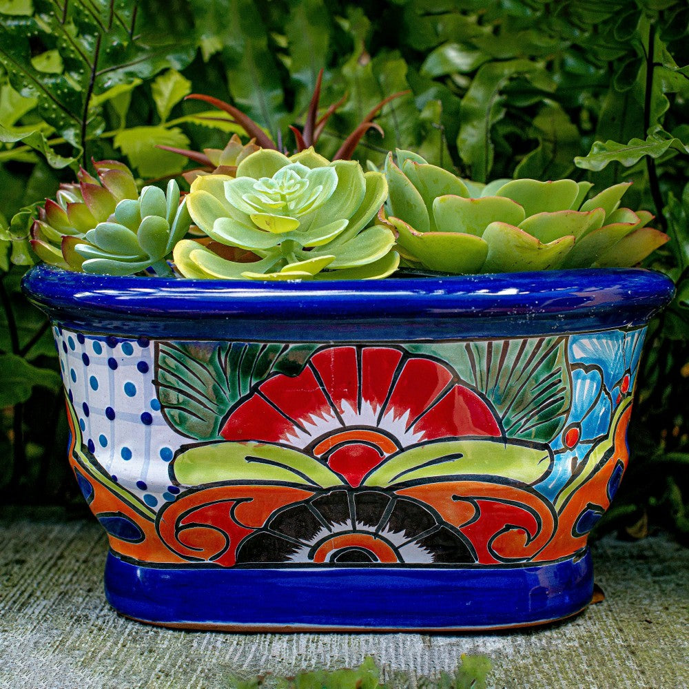 Plow & Hearth 12" White And Navy Talavera Ledge Planter