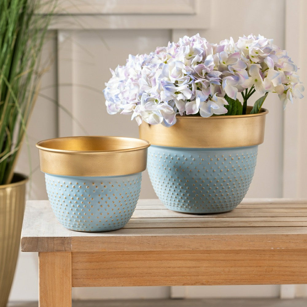 Plow & Hearth Blue Coastal, Metal Planter with Raised Dots, Nested Set/2