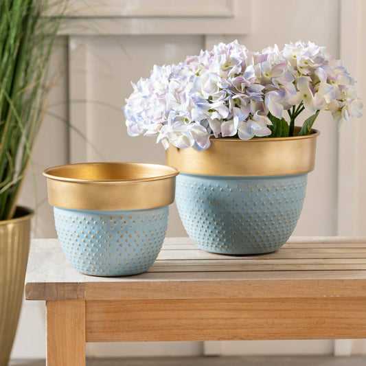 Plow & Hearth Blue Coastal, Metal Planter with Raised Dots, Nested Set/2
