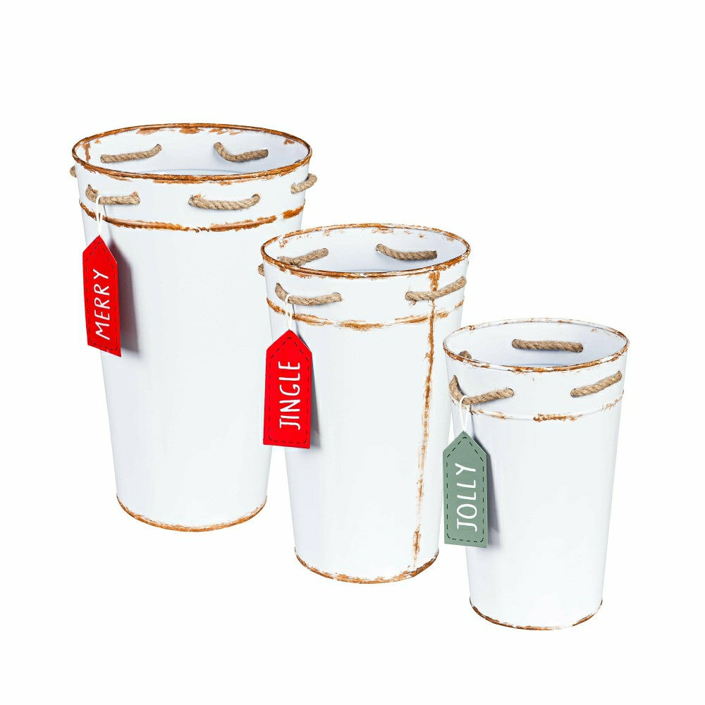 Plow & Hearth Holly Homestead Planter, French Bucket with Holiday Tag, Set of 3