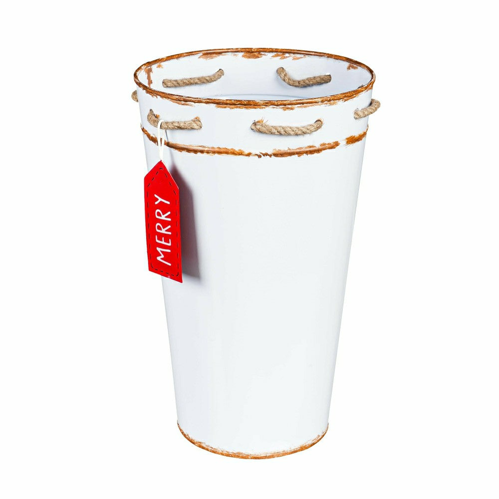 Plow & Hearth Holly Homestead Planter, French Bucket with Holiday Tag, Set of 3