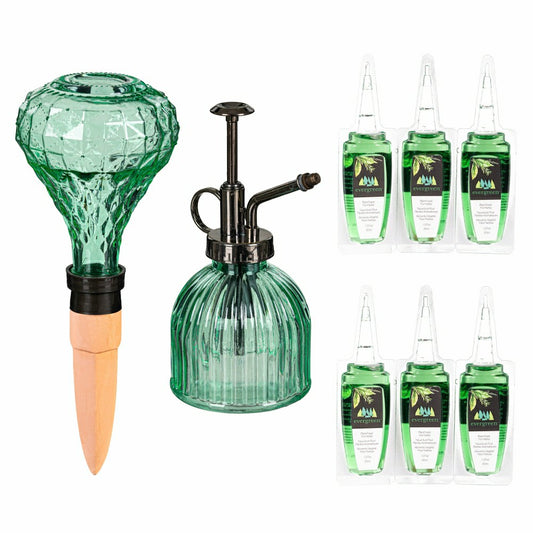 Plow & Hearth Glass Watering Set, including One Mister, One Watering Globe and 6 Pla