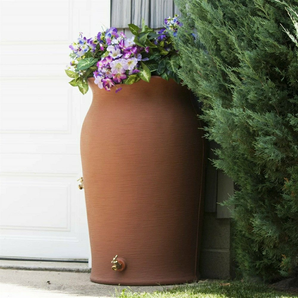 Plow & Hearth Terra Cotta 50-Gallon Plastic Urn Rain Barrel with Planter Top