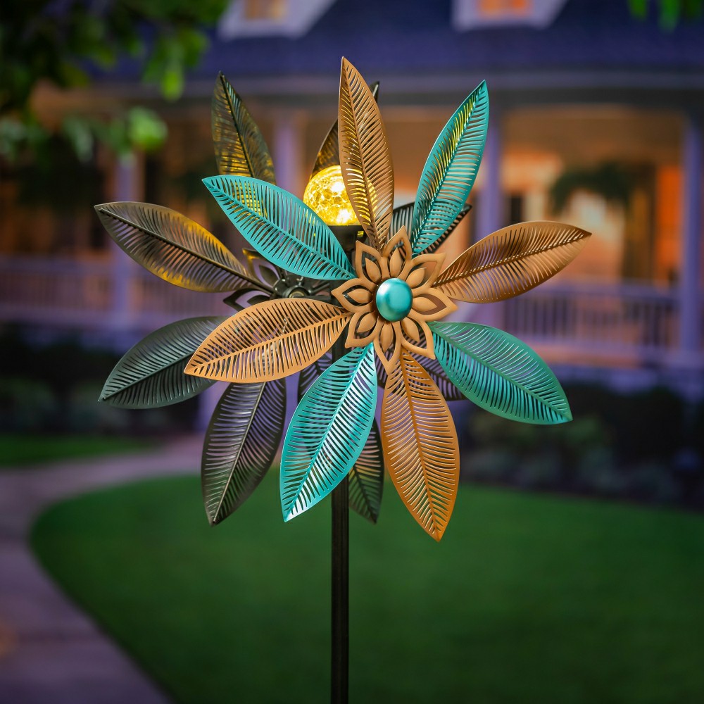 Plow & Hearth Metal Solar Wind Spinner, Copper and Turquoise Pedal Flower, 75"H