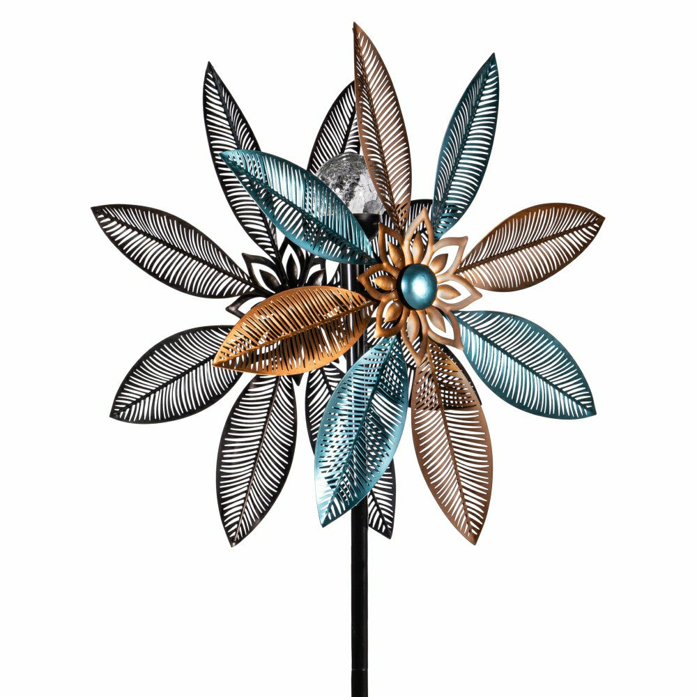 Plow & Hearth Metal Solar Wind Spinner, Copper and Turquoise Pedal Flower, 75"H