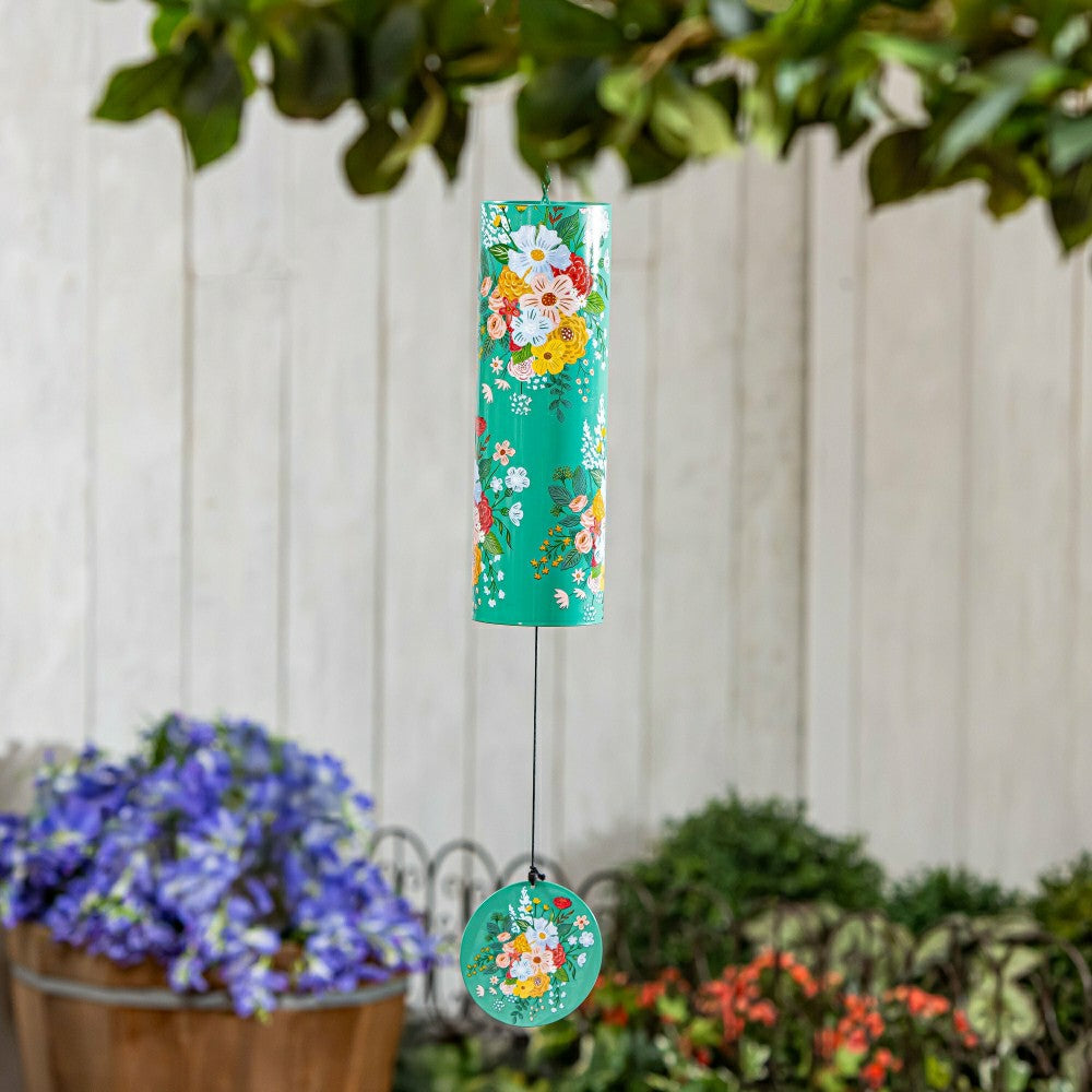 Plow & Hearth What She Shed Wind Chime, Metal, Green Florals Cylinder Chime, 36" H
