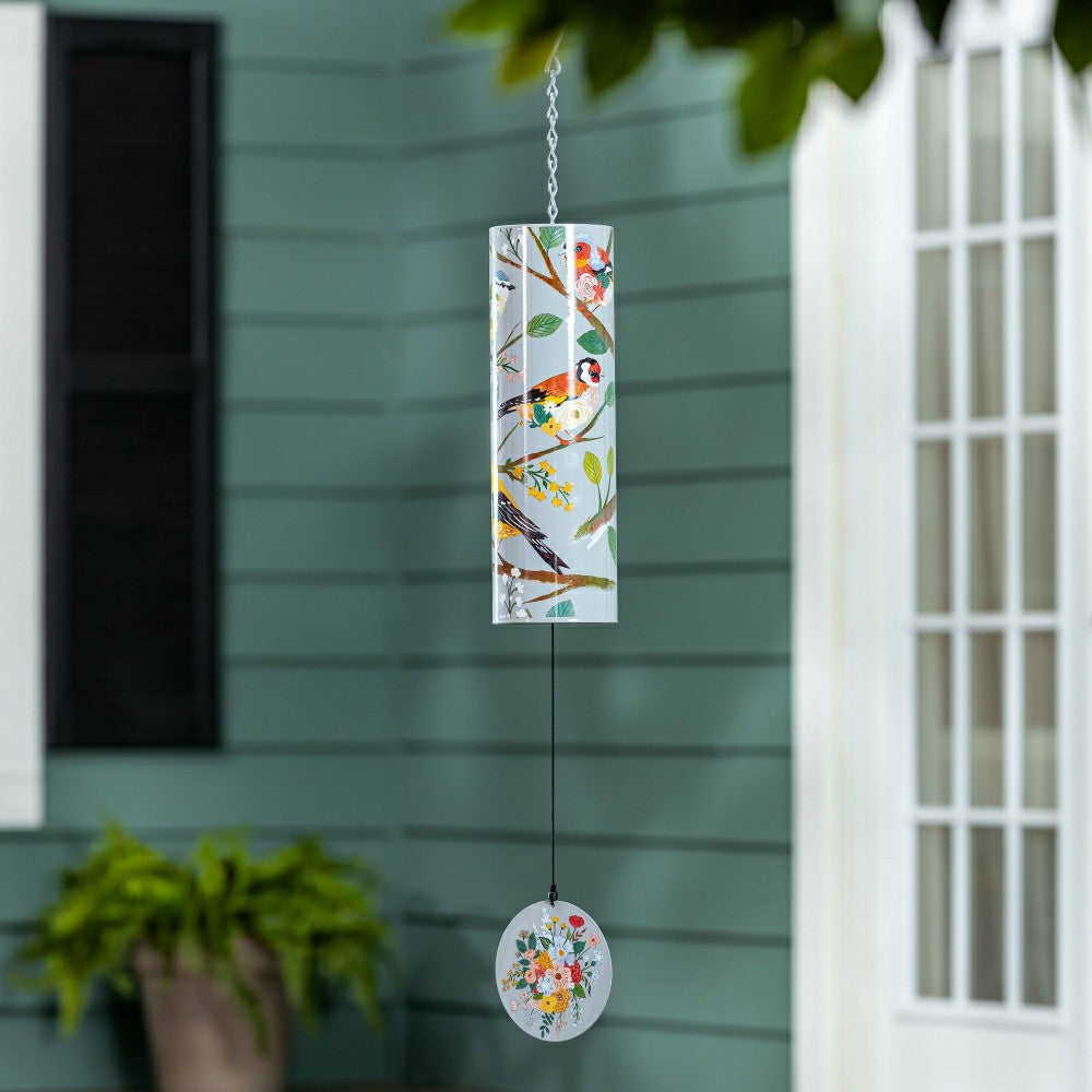 Plow & Hearth What Shed Wind Chime, Metal, Birds on Branches Cylinder Chime, 36" H