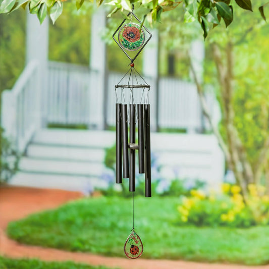 Plow & Hearth Avria Stained Glass Hand-Tuned Wind Chime, Poppies, 36"