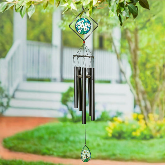 Plow & Hearth Avria Stained Glass Hand-Tuned Wind Chime, Daisies, 36"