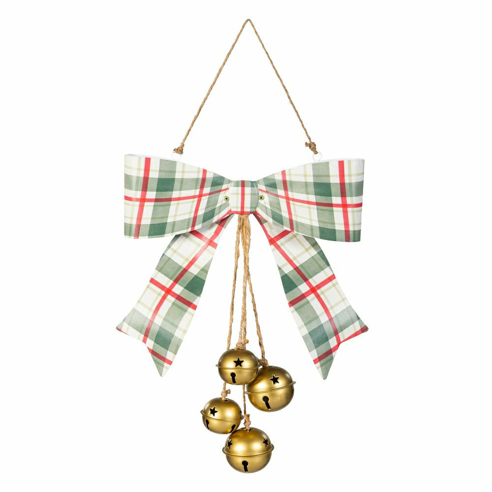 Plow & Hearth Shades of Emerald Hanging Wall Decor, Bow with Hanging Jingle Bells, A