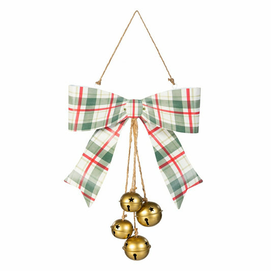Plow & Hearth Shades of Emerald Hanging Wall Decor, Bow with Hanging Jingle Bells, A