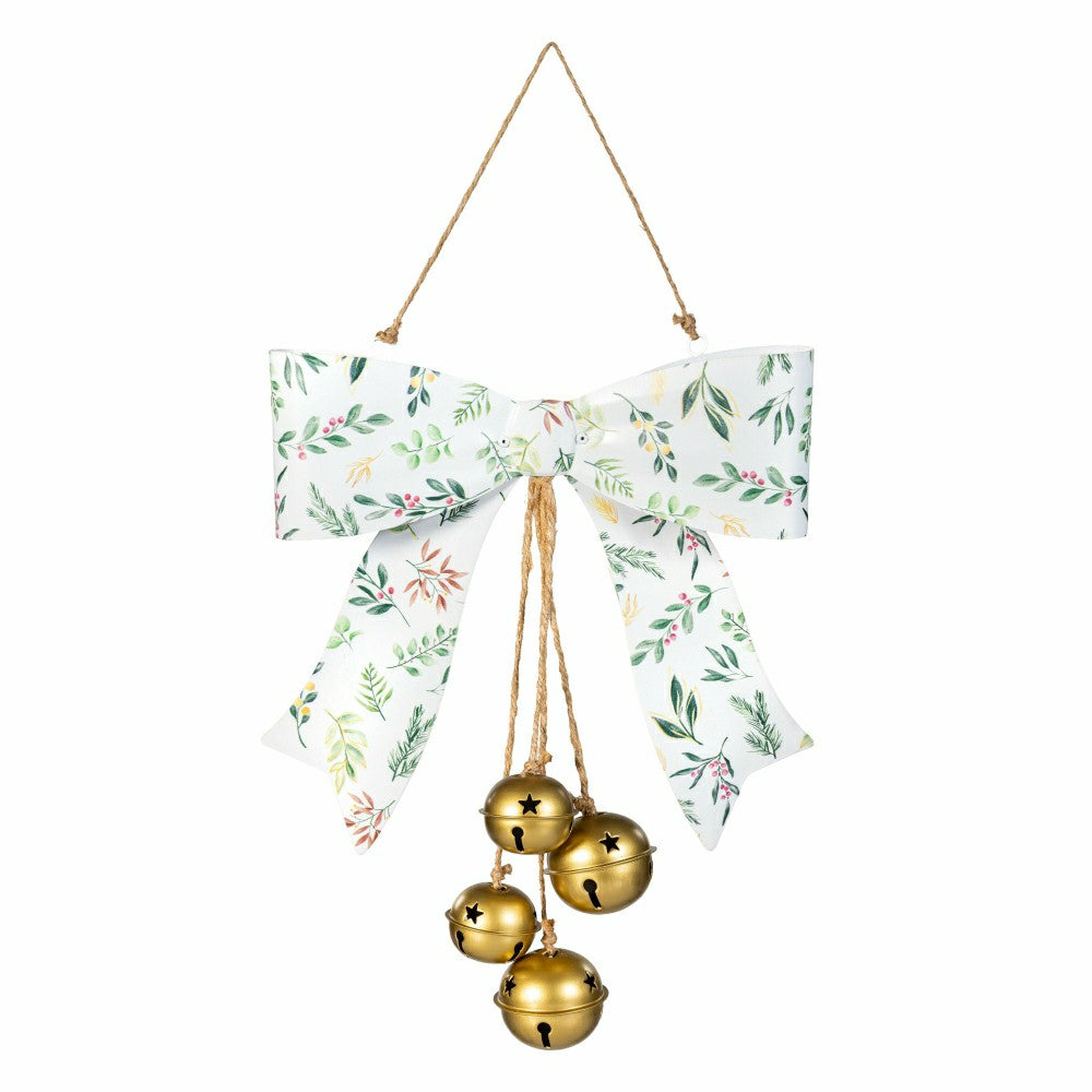 Plow & Hearth Shades of Emerald Hanging Wall Decor, Bow with Hanging Jingle Bells, A