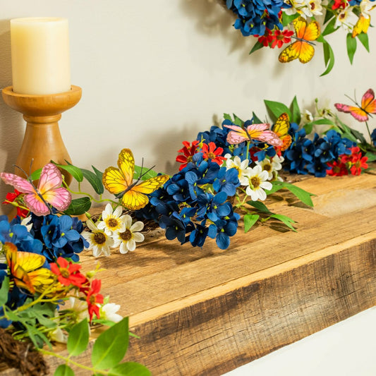 Plow & Hearth American Classic Garland Artificial Floral with Butterflies, 72"L