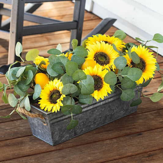 Plow & Hearth Faux Sunflower, Lemon and Eucalyptus Floral Arrangement in Planter