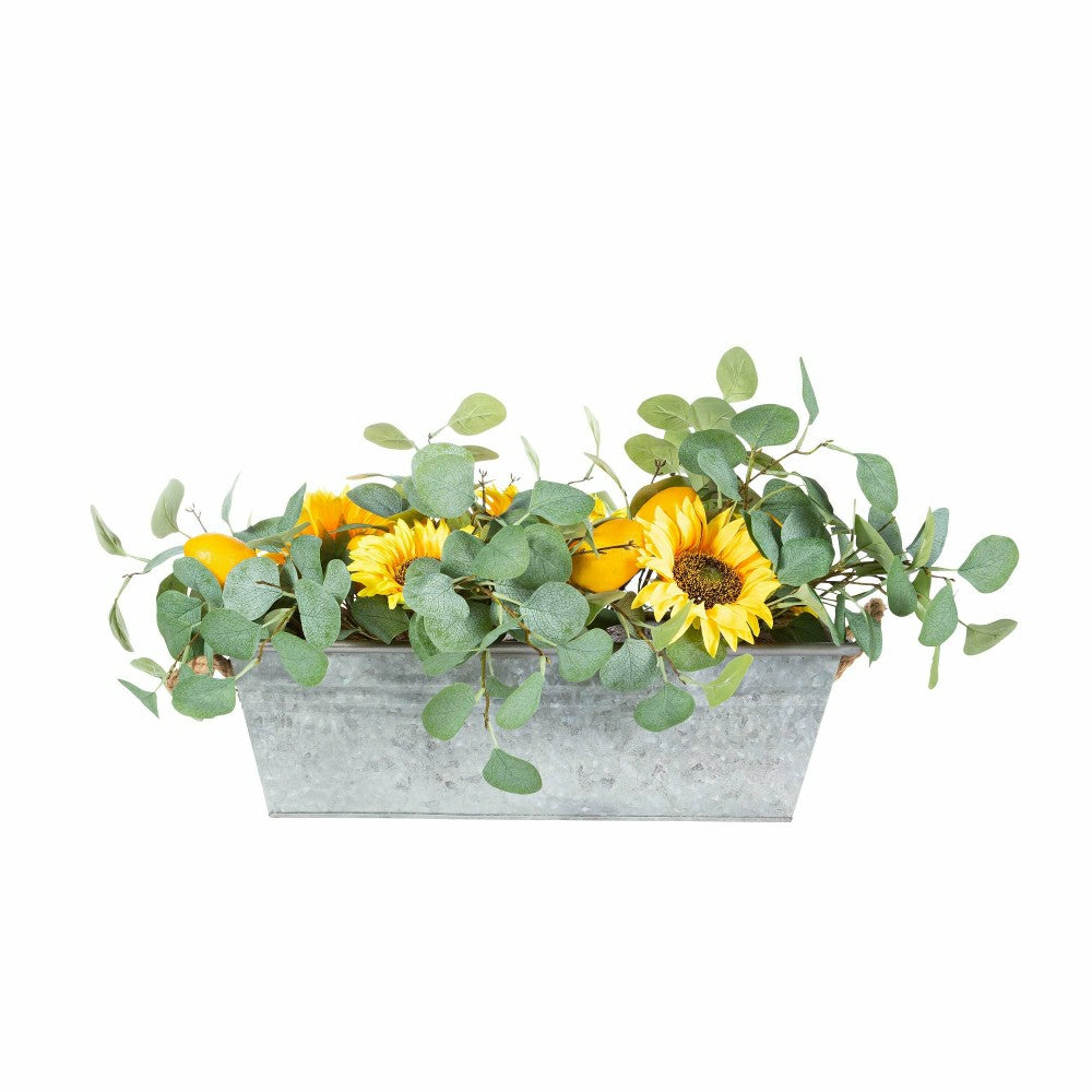 Plow & Hearth Faux Sunflower, Lemon and Eucalyptus Floral Arrangement in Planter