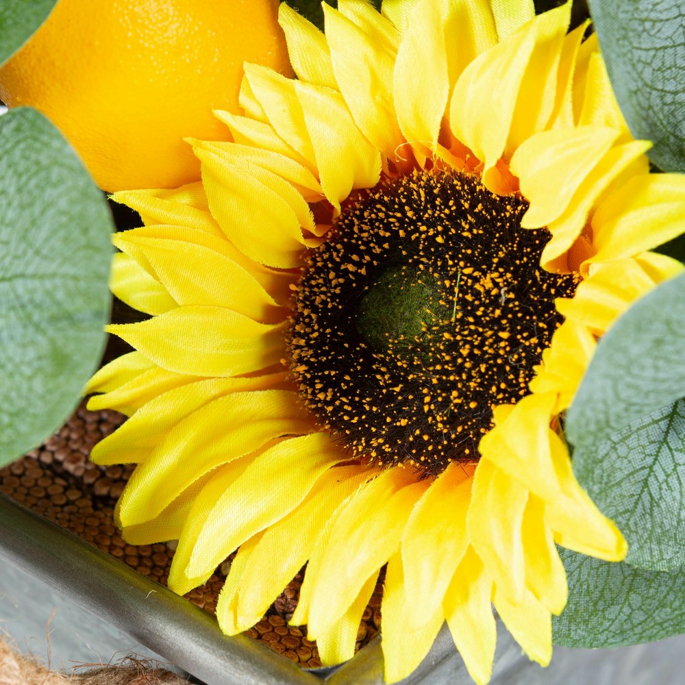 Plow & Hearth Faux Sunflower, Lemon and Eucalyptus Floral Arrangement in Planter
