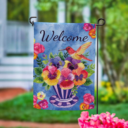 Plow & Hearth Pansies & Hummingbird Tea Cup Suede Garden Flag