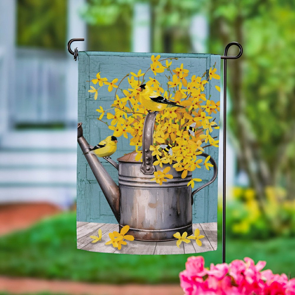 Plow & Hearth Forsythia Finch Watering Can Suede Garden Flag