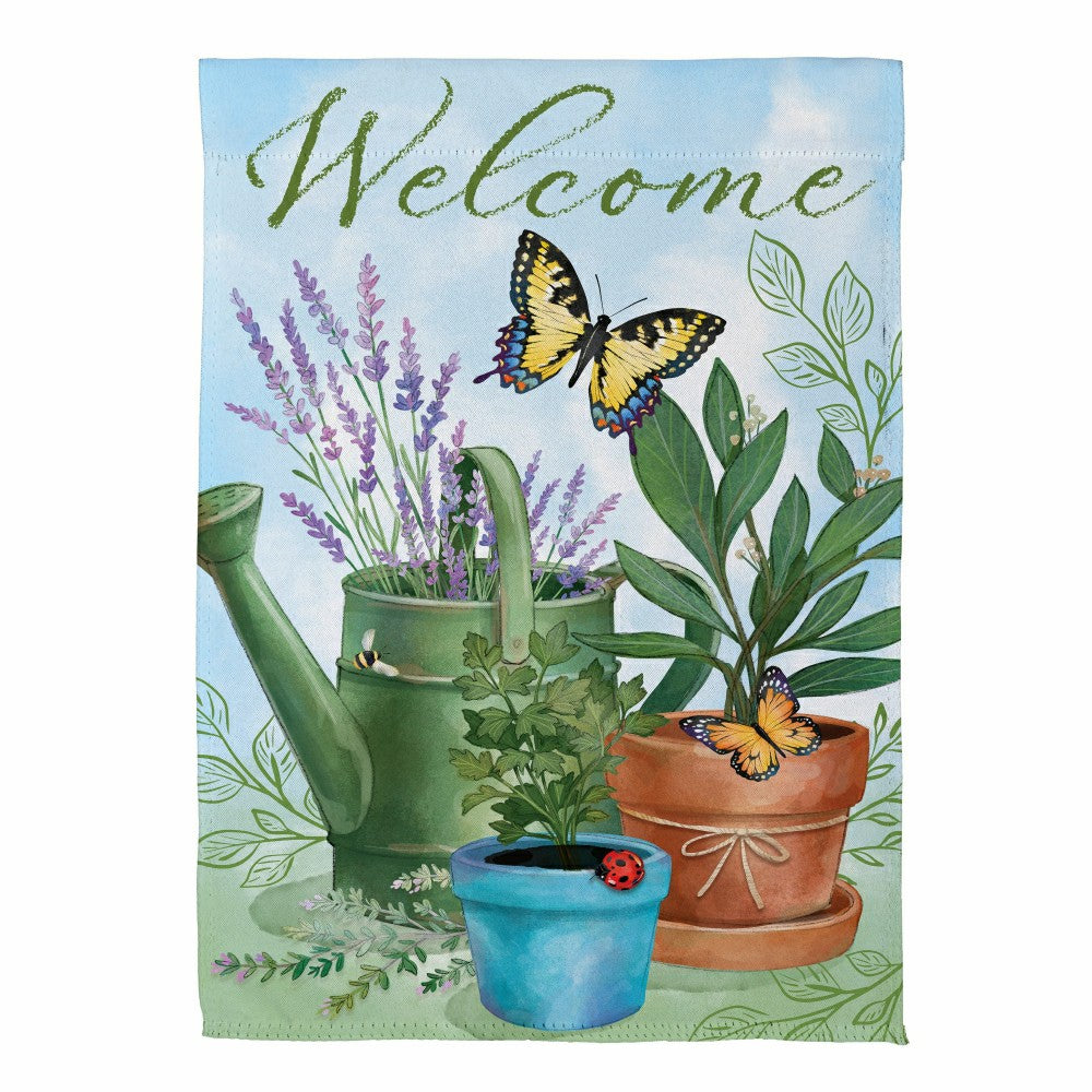 Plow & Hearth Cottage Garden Watering Can & Plants Suede Garden Flag