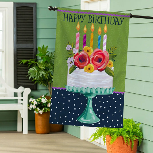 Plow & Hearth Floral Happy Birthday Cake Burlap House Flag