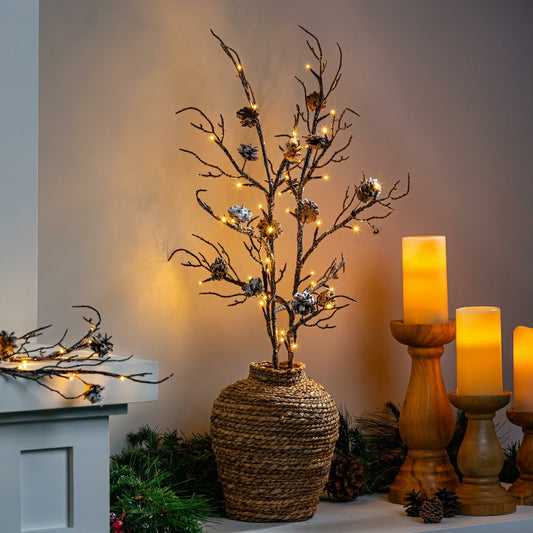 Plow & Hearth Winter Grove Stem Pine Cone Frosted LED Artificial Branch, 30"H