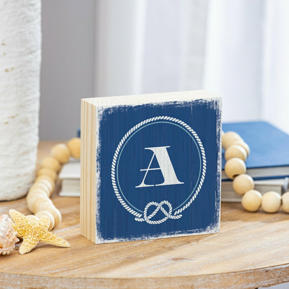 Plow & Hearth Coastal Monogram Nautical Sign Wood Block "A", 6"x6"