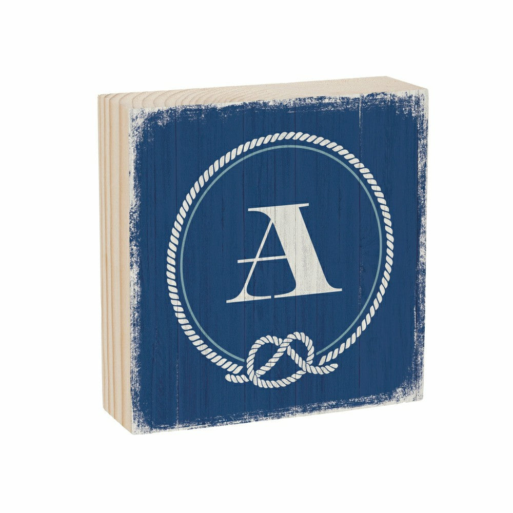 Plow & Hearth Coastal Monogram Nautical Sign Wood Block "A", 6"x6"