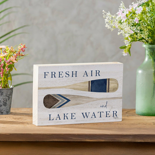 Plow & Hearth Lake Living Sign Wood Block Fresh Air 12"L x 8"H