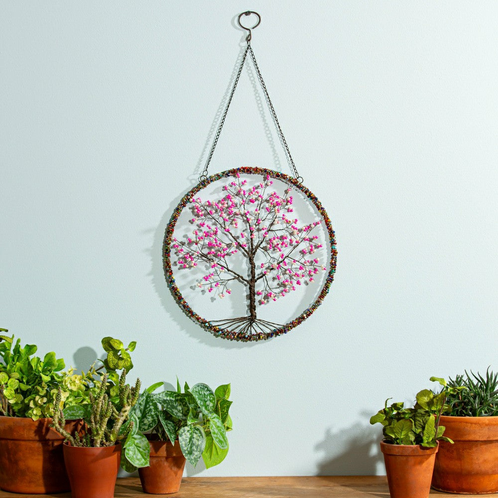 Plow & Hearth Cherry Blossom Tree Beaded Round Wall Décor