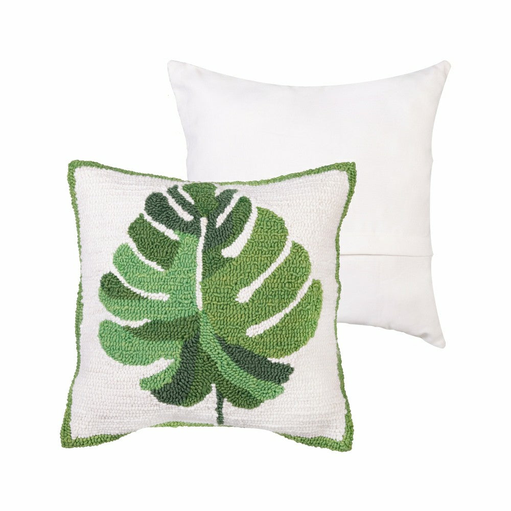 Plow & Hearth Monstera Leaf Indoor/Outdoor Hooked Pillow 18"x18"