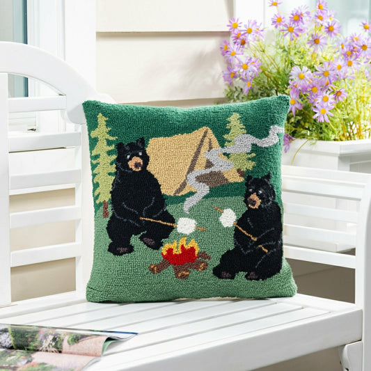 Plow & Hearth Campfire Bears Hooked Pillow
