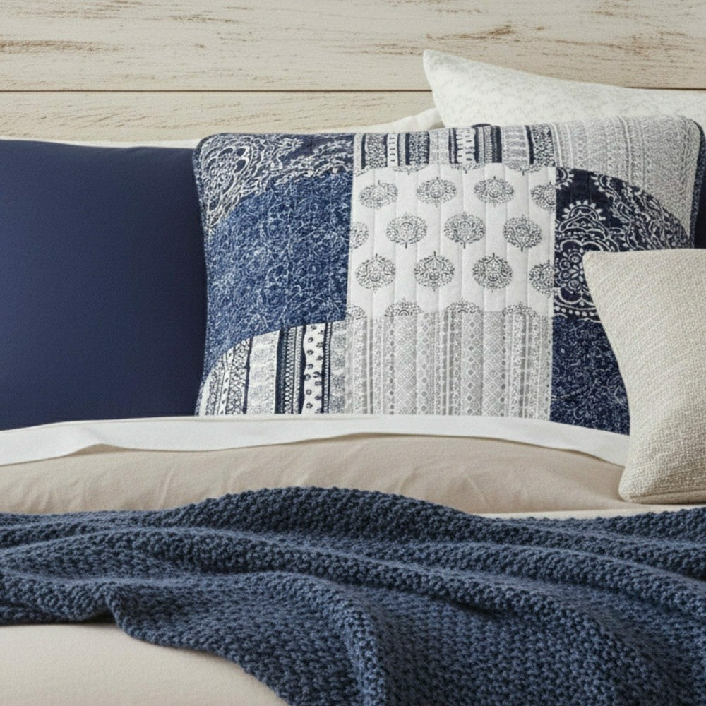 Plow & Hearth Patchwork Denim Blue Elegance Bohemian Euro Sham