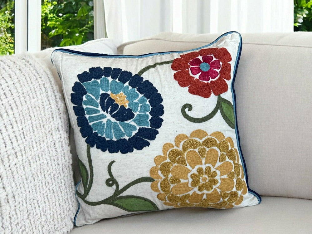 Plow & Hearth Spring Floral Embroidered Throw Pillow Square Oversized