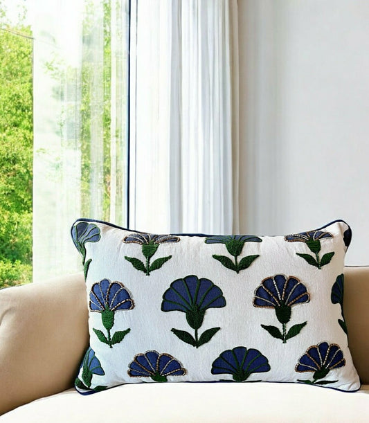 Plow & Hearth Embroidered Floral Blue Boho Accent Throw Pillow