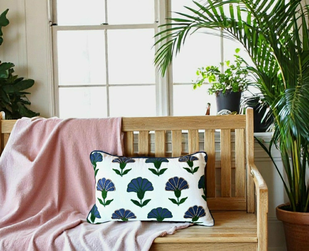 Plow & Hearth Embroidered Floral Blue Boho Accent Throw Pillow
