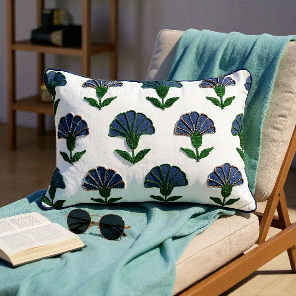 Plow & Hearth Embroidered Floral Blue Boho Accent Throw Pillow