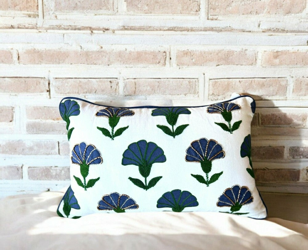 Plow & Hearth Embroidered Floral Blue Boho Accent Throw Pillow