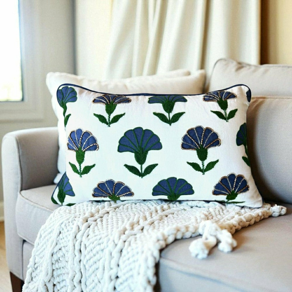 Plow & Hearth Embroidered Floral Blue Boho Accent Throw Pillow