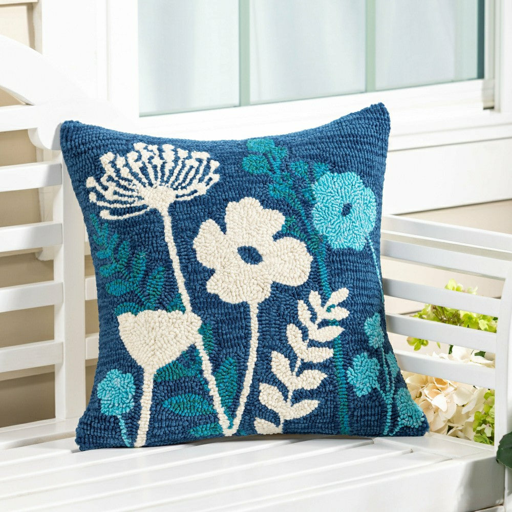 Plow & Hearth VivaStyle Gilded Meadow Indoor/Outdoor Hooked Pillow, Blue Wildflowers