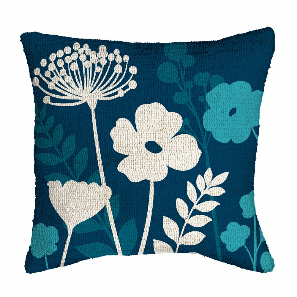 Plow & Hearth VivaStyle Gilded Meadow Indoor/Outdoor Hooked Pillow, Blue Wildflowers