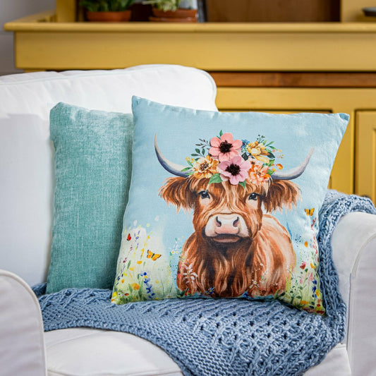 Plow & Hearth Hillside Pasture Throw Pillow Square Farm Highland Cow, 16"