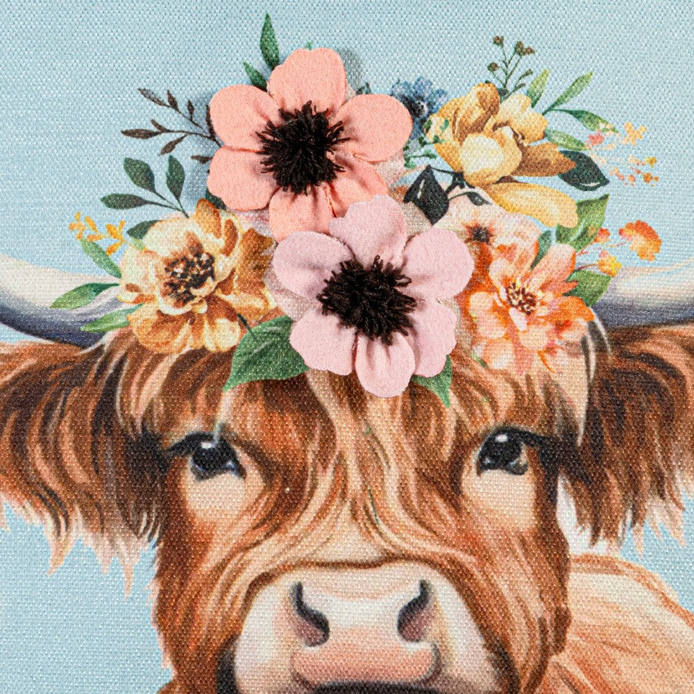 Plow & Hearth Hillside Pasture Throw Pillow Square Farm Highland Cow, 16"